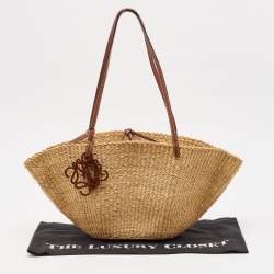 Pre Owned Loewe Brown/Tan Woven Raffia Small Shell Basket Bag