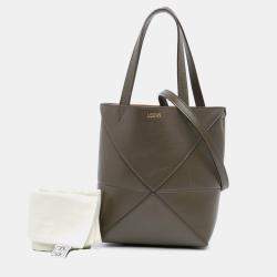Loewe Dark Khaki Leather Mini Puzzle Fold Tote Bag
