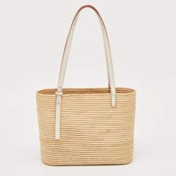 مملوكة مسبقًا Loewe Beige/White Leather and Raffia Small Square Basket Tote
