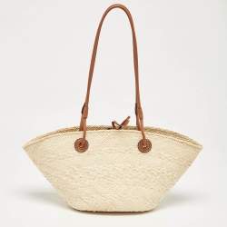 مملوكة مسبقًا Loewe Cream/Brown Woven Raffi and Leather Small Anagram Basket Bag