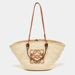 Loewe Beige/Brown Raffia and Leather Anagram Basket Tote