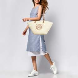 Loewe Beige/Brown Raffia and Leather Anagram Basket Tote