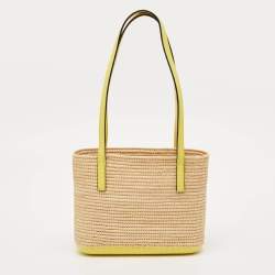 Loewe Yellow/Beige Leather and Raffia Mini Anagram Basket Tote