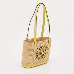 Loewe Yellow/Beige Leather and Raffia Mini Anagram Basket Tote