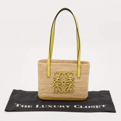 Loewe Yellow/Beige Leather and Raffia Mini Anagram Basket Tote