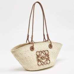 Loewe Cream/Brown Raffia and Leather Small Anagram Basket Bag