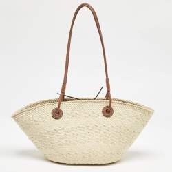 Loewe Cream/Brown Raffia and Leather Small Anagram Basket Bag