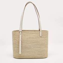 Pre Owned Loewe Beige/White Leather and Raffia Small Square Basket Tote