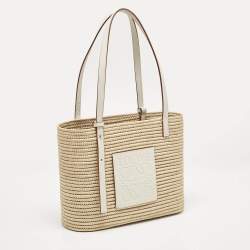 Pre Owned Loewe Beige/White Leather and Raffia Small Square Basket Tote
