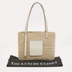 Pre Owned Loewe Beige/White Leather and Raffia Small Square Basket Tote