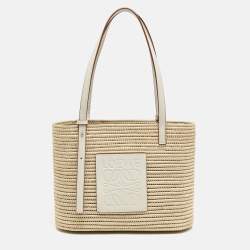 Pre Owned Loewe Beige/White Leather and Raffia Small Square Basket Tote