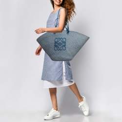 Loewe Blue Raffia and Leather Large Anagram Basket Tote