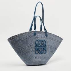 Loewe Blue Raffia and Leather Large Anagram Basket Tote