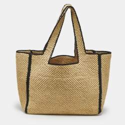 Pre Owned حقيبة يد لويفي فونت منسوجة كبيرة من الرافيا بلون بيج/أسود