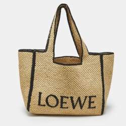 Pre Owned Loewe Beige/Black Woven Raffia Large Font Tote