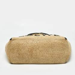 Pre Owned حقيبة يد لويفي فونت منسوجة كبيرة من الرافيا بلون بيج/أسود