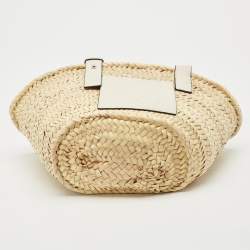Pre Owned Loewe White/Cream Raffia and Leather Small Basket Tote