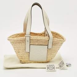 Pre Owned Loewe White/Cream Raffia and Leather Small Basket Tote