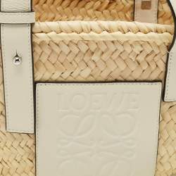 Pre Owned Loewe White/Cream Raffia and Leather Small Basket Tote