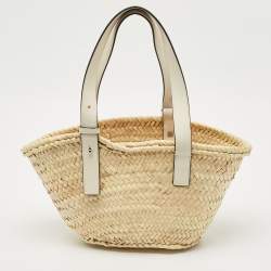 Pre Owned Loewe White/Cream Raffia and Leather Small Basket Tote
