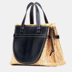 Pre Owned Loewe Beige Black Small Raffia and Leather Gate Top Handle Bag