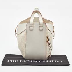 Pre Owned Loewe White/Ecru Leather and Anagram Canvas Small Hammock Bag