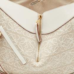 Pre Owned Loewe White/Ecru Leather and Anagram Canvas Small Hammock Bag