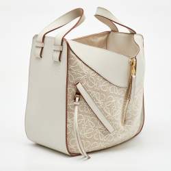 Pre Owned Loewe White/Ecru Leather and Anagram Canvas Small Hammock Bag