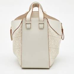 Pre Owned Loewe White/Ecru Leather and Anagram Canvas Small Hammock Bag