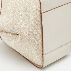 Pre Owned Loewe White/Ecru Leather and Anagram Canvas Small Hammock Bag