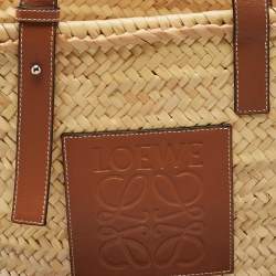 Pre Owned Loewe Beige/Brown Raffia and Leather Medium Basket Tote