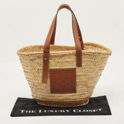 Pre Owned Loewe Beige/Brown Raffia and Leather Medium Basket Tote