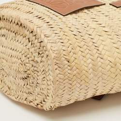 Pre Owned Loewe Beige/Brown Raffia and Leather Medium Basket Tote
