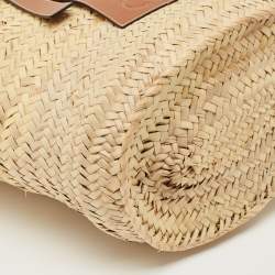Pre Owned Loewe Beige/Brown Raffia and Leather Medium Basket Tote