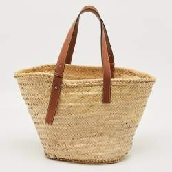 Pre Owned Loewe Beige/Brown Raffia and Leather Medium Basket Tote