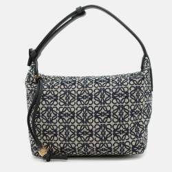 Pre Owned Loewe Anagram Cuby Handbag Beige/Navy Canvas Leather Size Small
