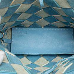 Pre Owned Loewe Blue White Mini Woven Calfskin Gingham Surplus Basket Bag