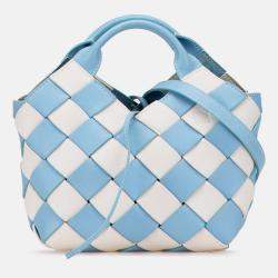 Pre Owned Loewe Blue White Mini Woven Calfskin Gingham Surplus Basket Bag