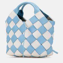 Pre Owned Loewe Blue White Mini Woven Calfskin Gingham Surplus Basket Bag