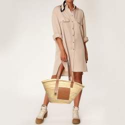 Pre Owned Loewe Beige/Brown Raffia and Leather Medium Basket Tote