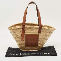 Pre Owned Loewe Beige/Brown Raffia and Leather Medium Basket Tote