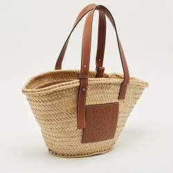 Pre Owned Loewe Beige/Brown Raffia and Leather Medium Basket Tote