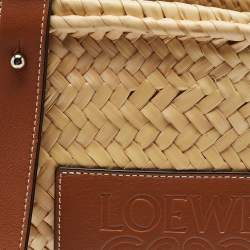 Pre Owned Loewe Beige/Brown Raffia and Leather Medium Basket Tote
