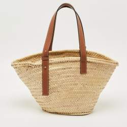 Pre Owned Loewe Beige/Brown Raffia and Leather Medium Basket Tote