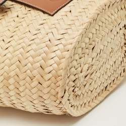 Pre Owned Loewe Beige/Brown Raffia and Leather Medium Basket Tote