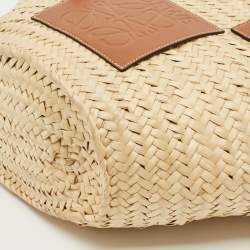 Pre Owned Loewe Beige/Brown Raffia and Leather Medium Basket Tote