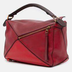 Pre Owned Loewe Red Medium Tricolor Calfskin Puzzle Satchel