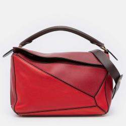 Pre Owned Loewe Red Medium Tricolor Calfskin Puzzle Satchel