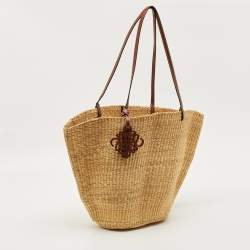 Pre Owned Loewe Natural/Tan Woven Raffia Shell Basket Bag