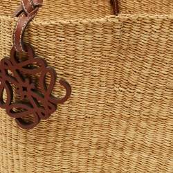 Pre Owned Loewe Natural/Tan Woven Raffia Shell Basket Bag